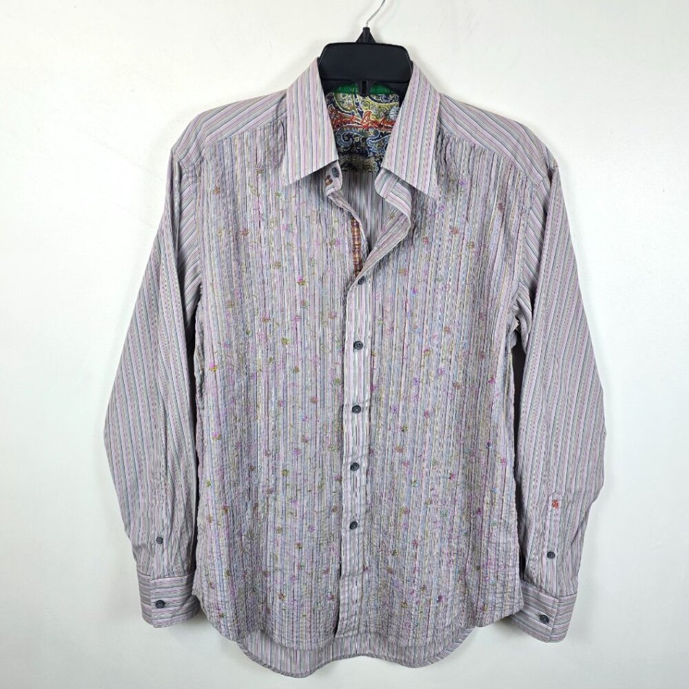 Robert Graham Embroidered Striped Shirt Paisley Flip Cuff Men M